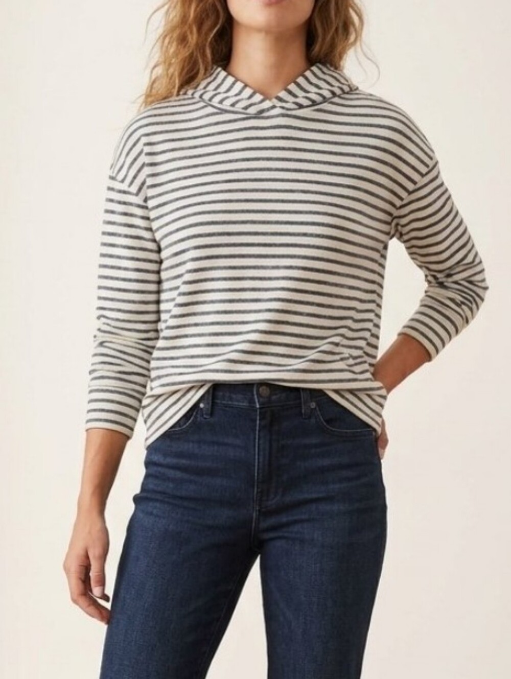 A New Day Striped Knit Pullover Hoodie Sweatshirt Navy Blue White XS